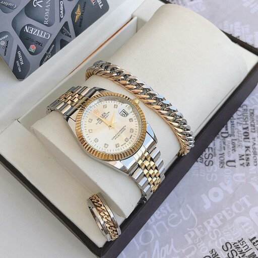 ساعت مردانه رولکس Rolex همراه دستبند و حلقه استیل فول استیل ضد اب همراه باکس روز مرد کادو