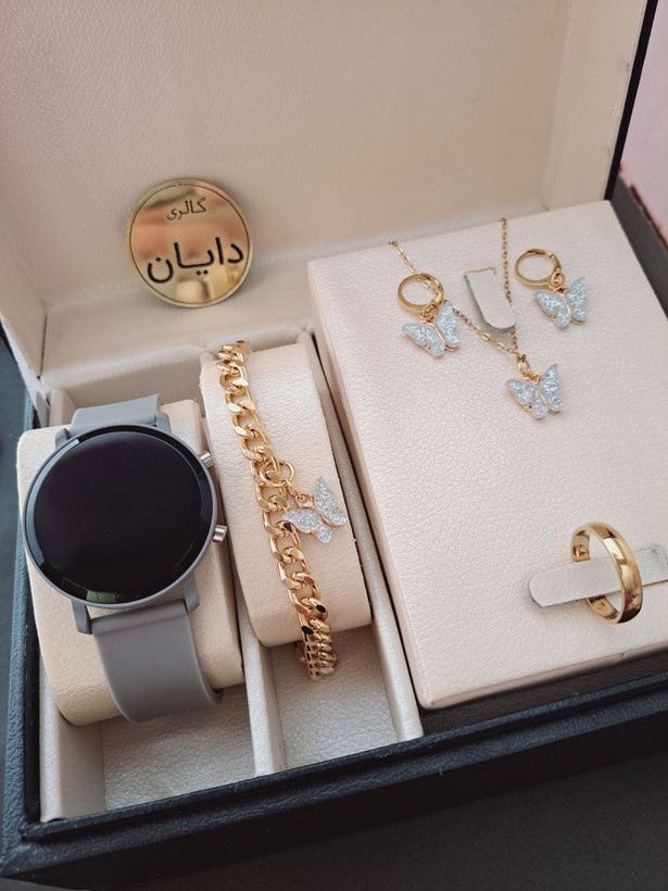 ست ساعت ال ای دی زنانه نیمست پروانه دستبند پروانه و حلقه با جعبه ساعت معلم هدیه تولد روز دختر