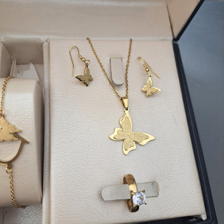 ست ساعت زنانه طلایی نیمست حلقه نک نگین استیل کادو تولد دخترانه